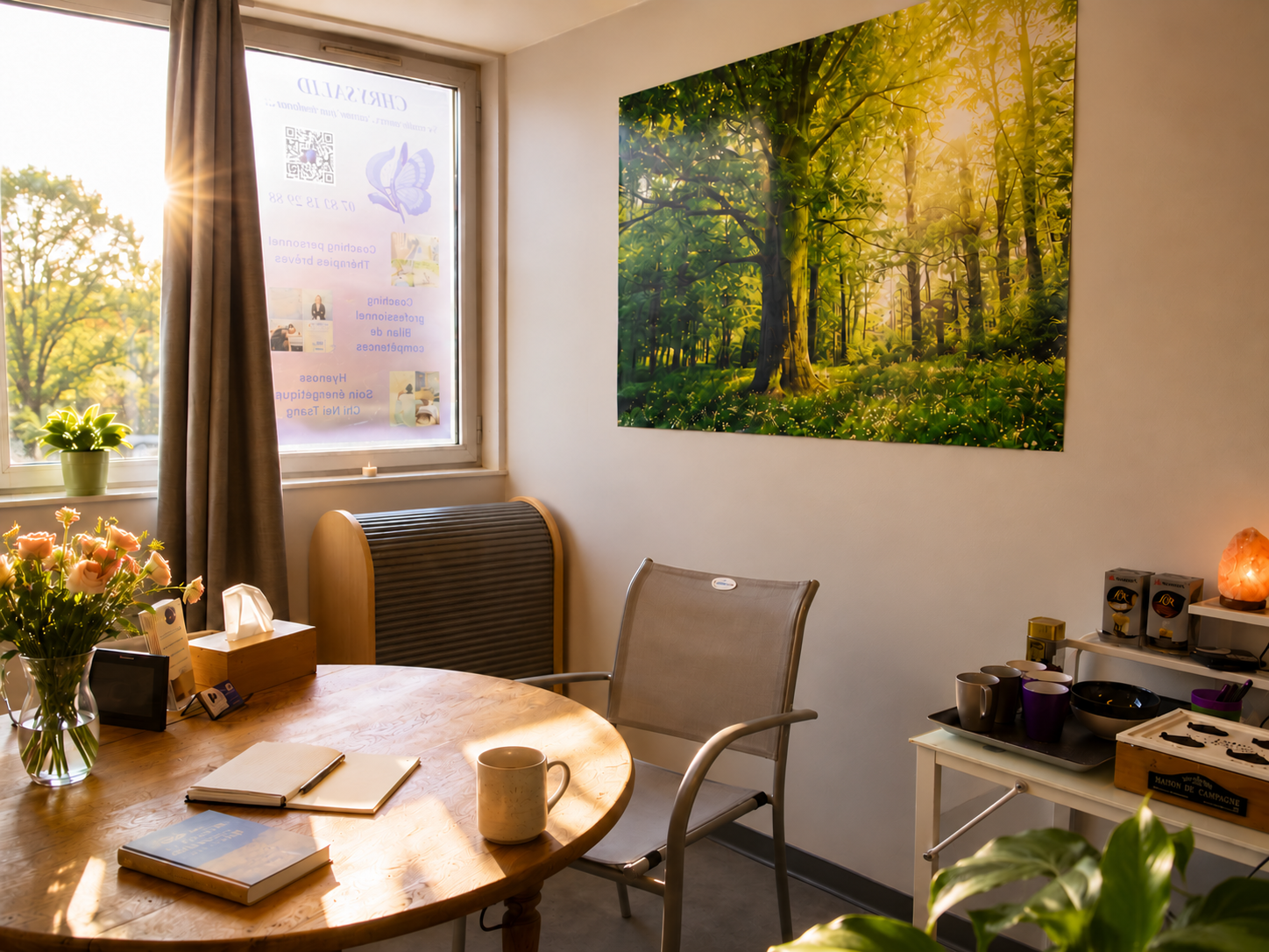 Bureau de thérapie et coaching à Aulnoy-lez-Valenciennes avec bureau rond, chaise confortable, décoration zen et tableau